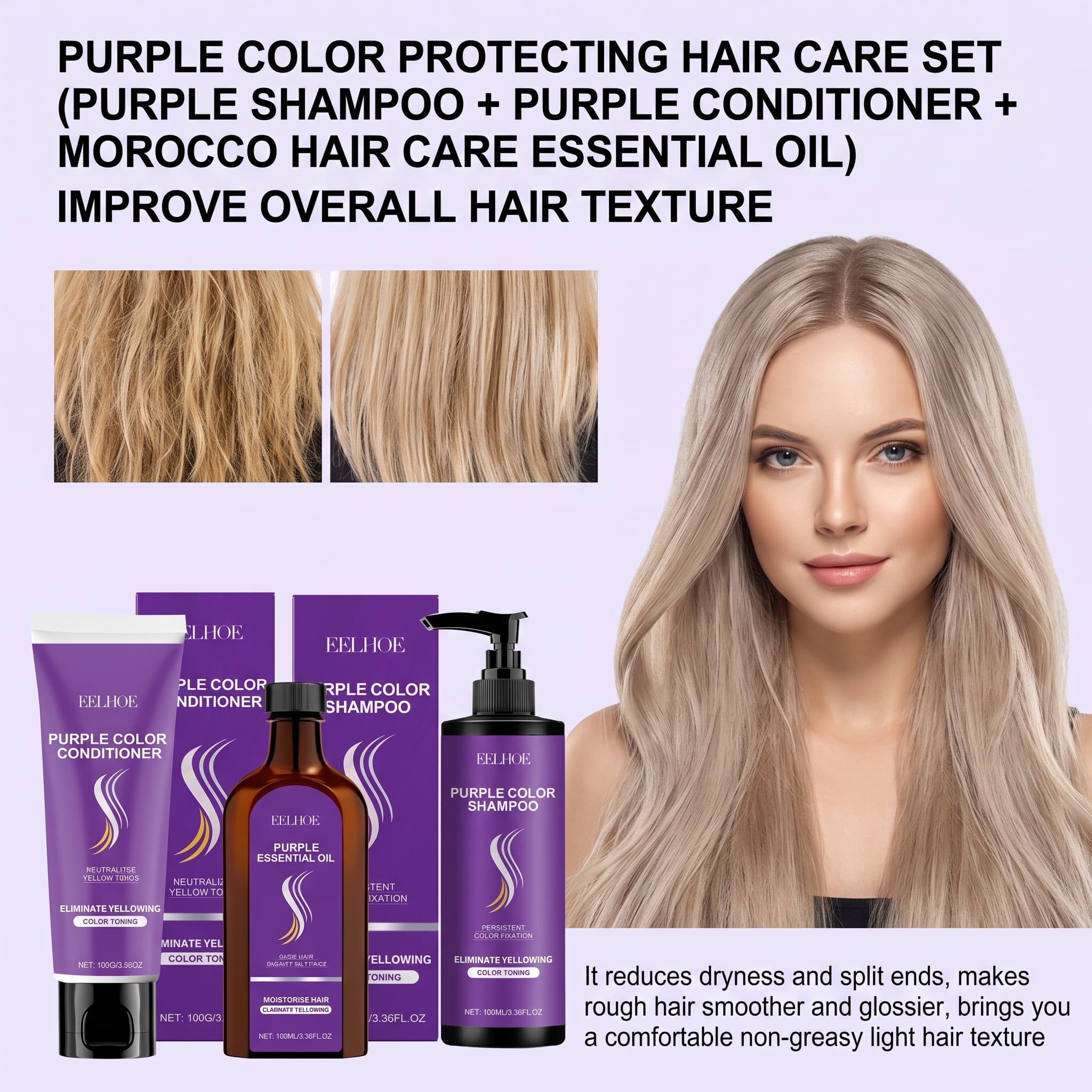 Hair Care Products - Zestaw szamponu fioletowego z odżywką, olejkiem